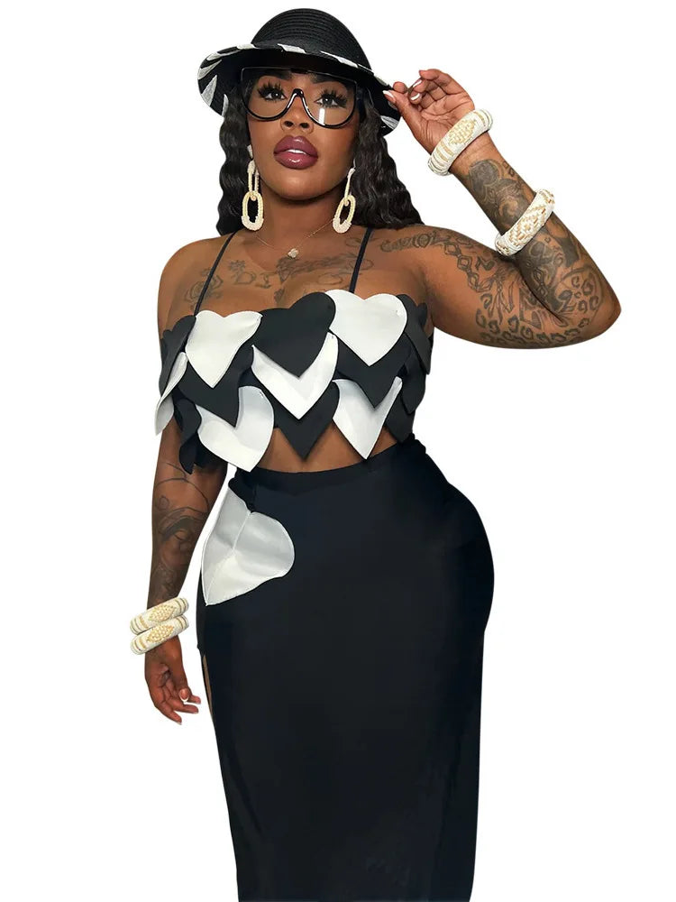 Suspender Burnt Flower Top, Height Trimming, Split Half Skirt, Solid Color Two-Piece Set For Women
