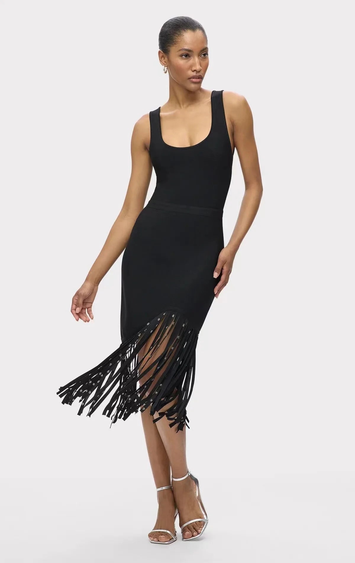 Black Sleeveless Slim Fit Fringe Dress Elegant Office Party Night Out Chic Formal Wear Trendy Hot Sale